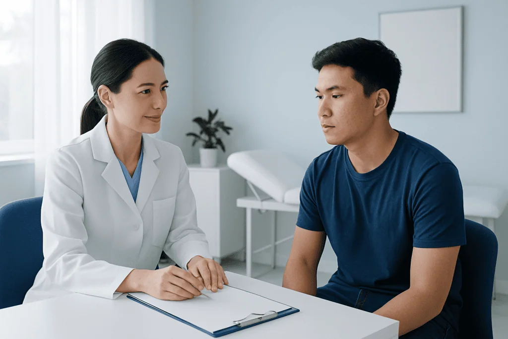 Doctor consulting with patient in a medical office setting.