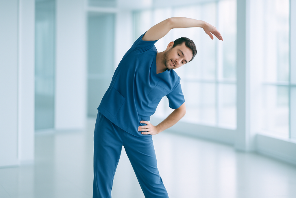Microphobia (Fear of Small Things) 1 Healthcare professional stretching in a modern hospital corridor.