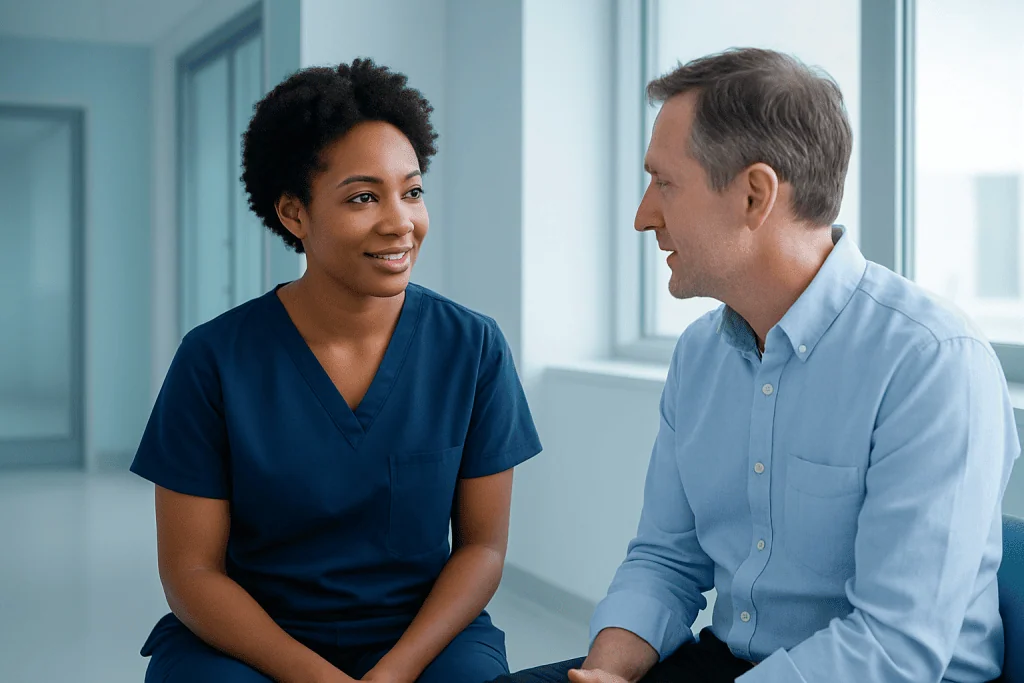 Microvascular Coronary Disease (Small Vessel Disease) 1 Healthcare professional and patient discussing in a hospital corridor.