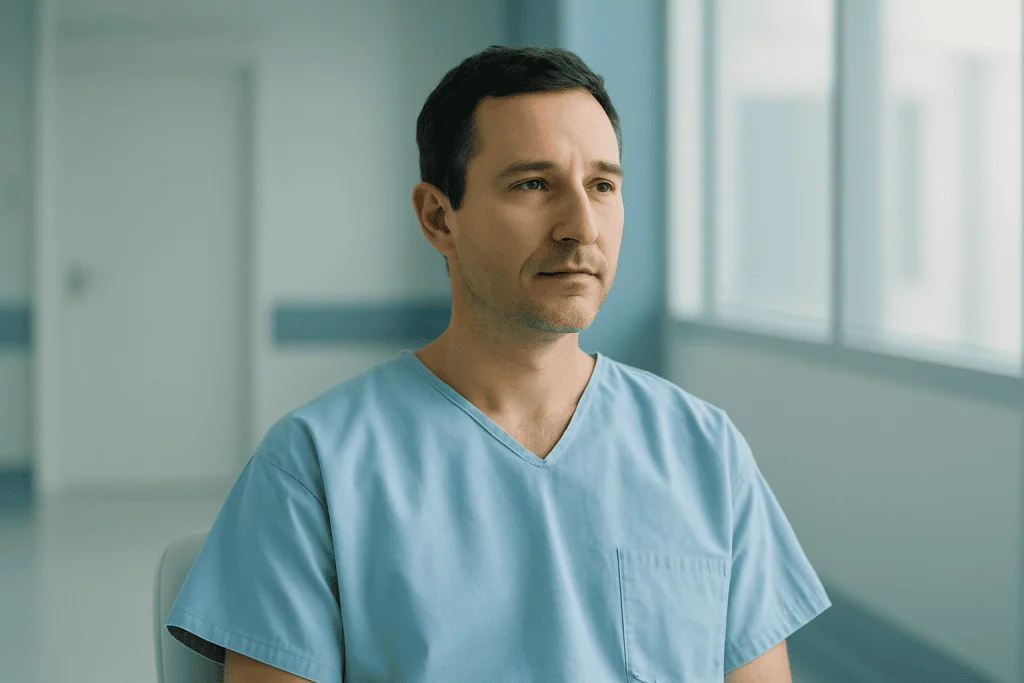 Miller Fisher Syndrome 1 Medical professional in a hospital setting with a contemplative expression.