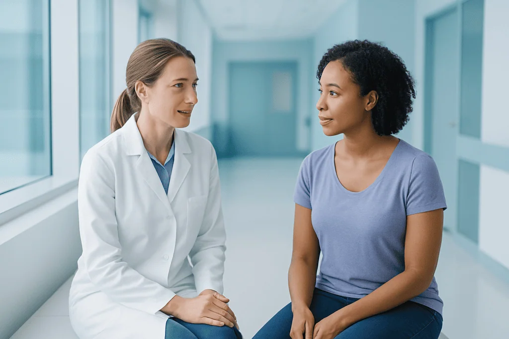 Mirabegron (Myrbetriq) Uses Side Effects 1 Doctor consulting with patient in hospital corridor.