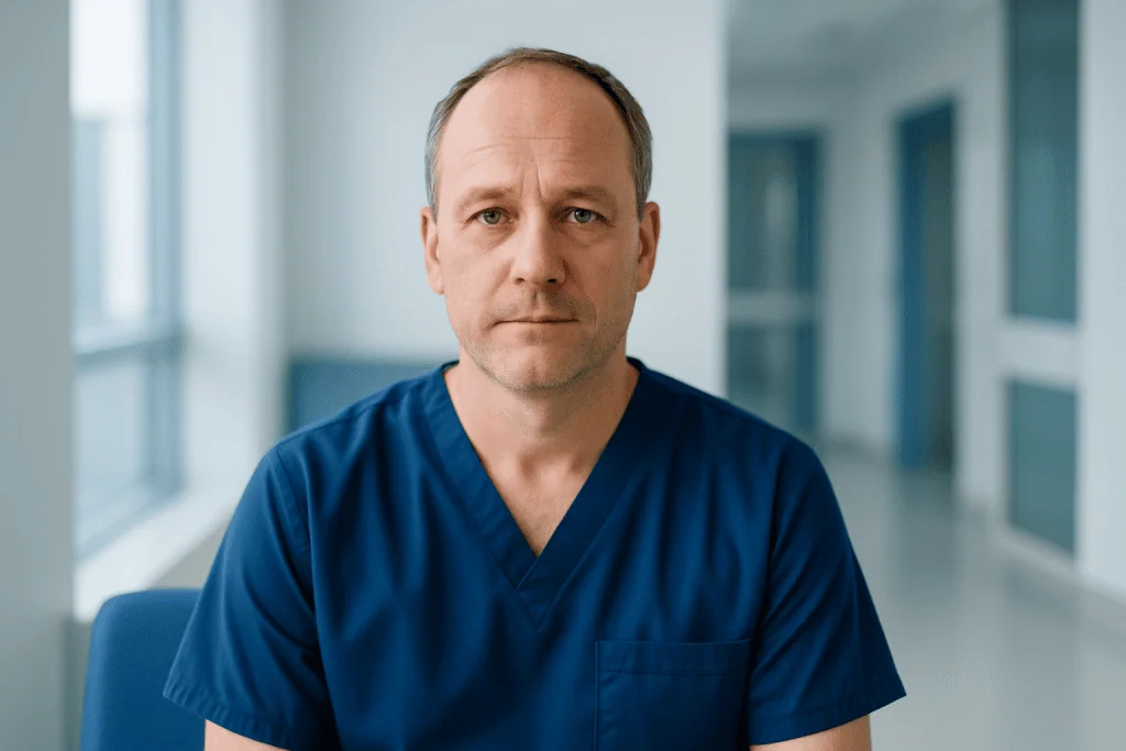 Modern Solutions in Treating Chronic Pancreatitis 1 Medical professional in blue scrubs in a hospital corridor.