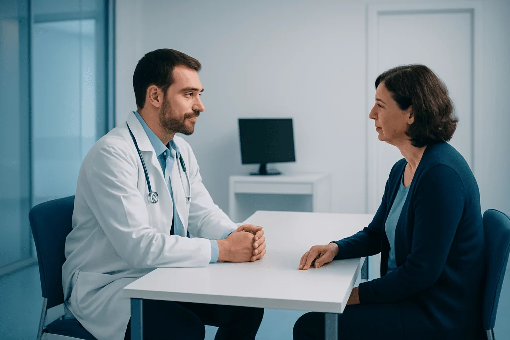 Modern Strategies Used in Rhinoplasty Procedures Care 1 Doctor consulting with a patient in a modern medical office.