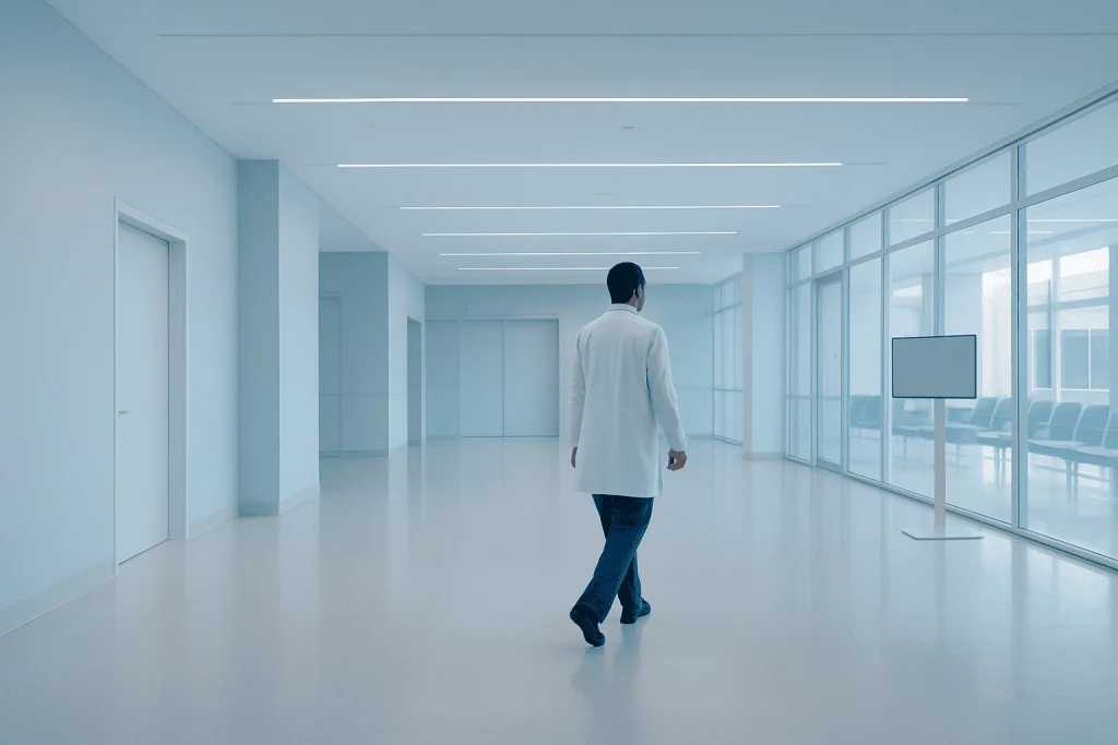 More Options For People With Blood Cancers 1 Doctor walking in a modern hospital corridor with large windows and bright lighting.
