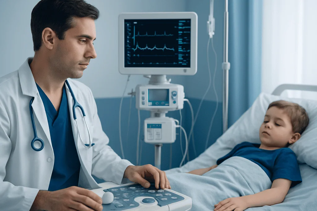 Pediatric doctor performing an ultrasound on a young patient in hospital.
