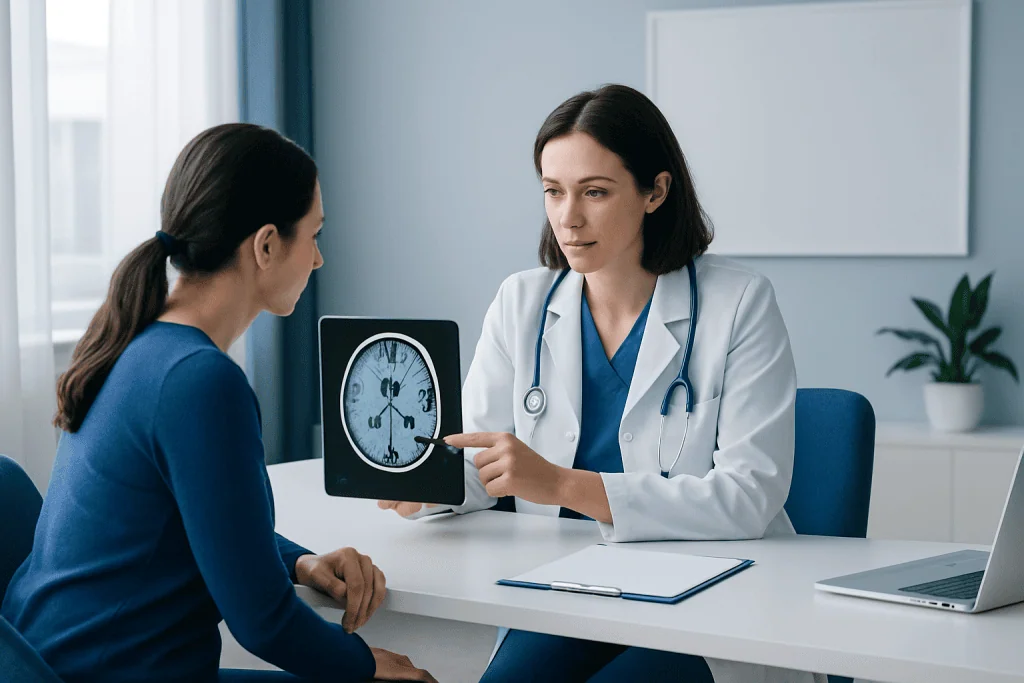 Doctor explaining MRI results to patient in a medical consultation.