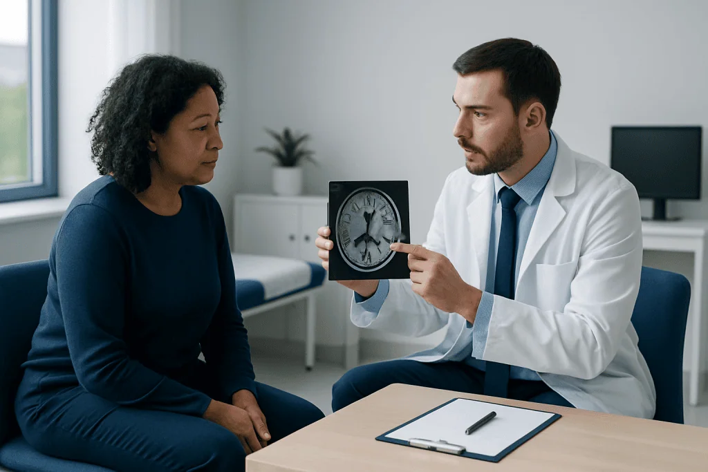 Doctor explaining brain MRI scan to a patient in a medical consultation.