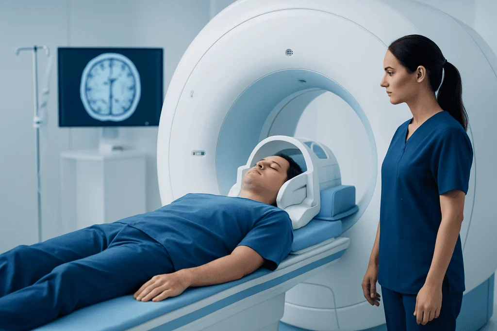 Patient undergoing MRI scan in a medical facility with healthcare professional present.