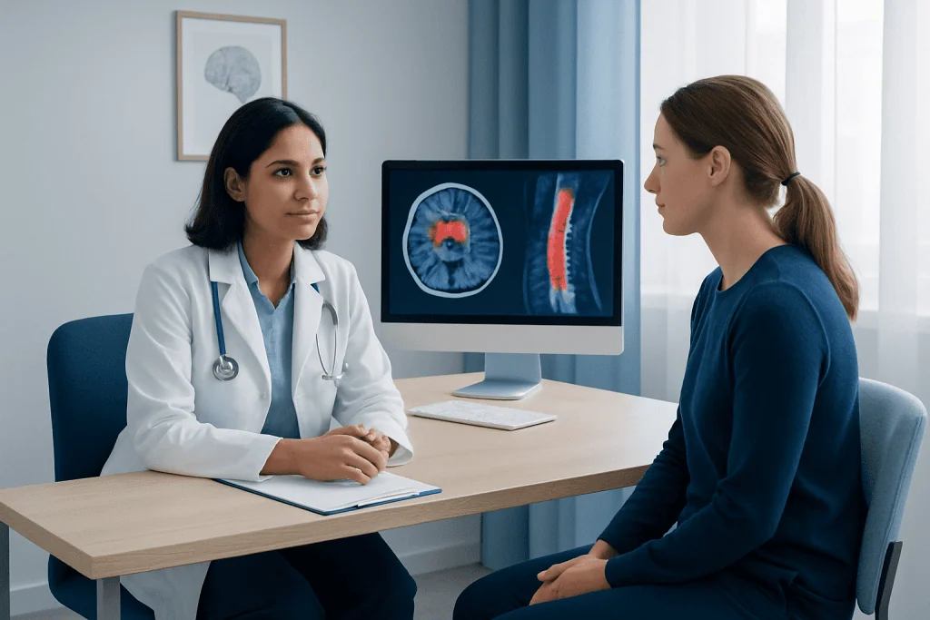 Doctor explains MRI scan results to patient in a medical consultation.