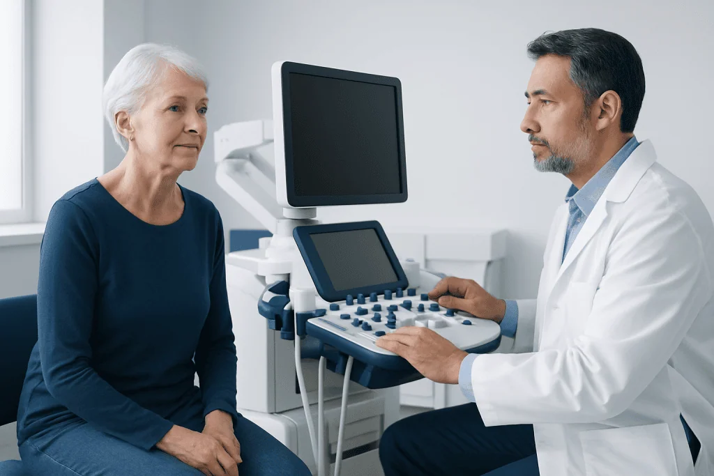 Doctor performing an ultrasound exam on an elderly woman in a medical clinic.