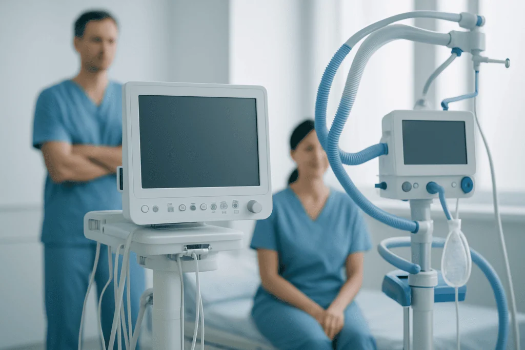 Medical monitors and ventilator equipment in a hospital room.