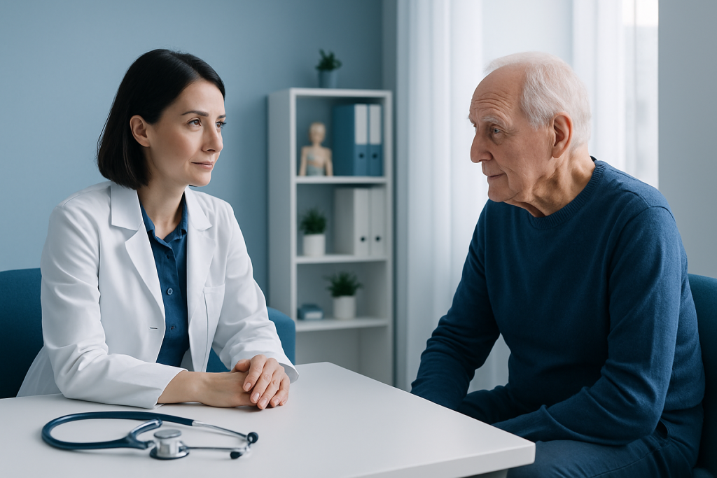 Doctor consulting elderly patient in a medical office setting.