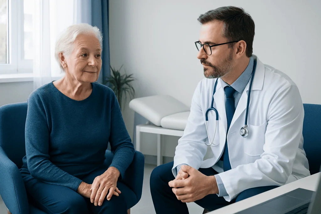 Doctor consulting with elderly woman in a medical office.