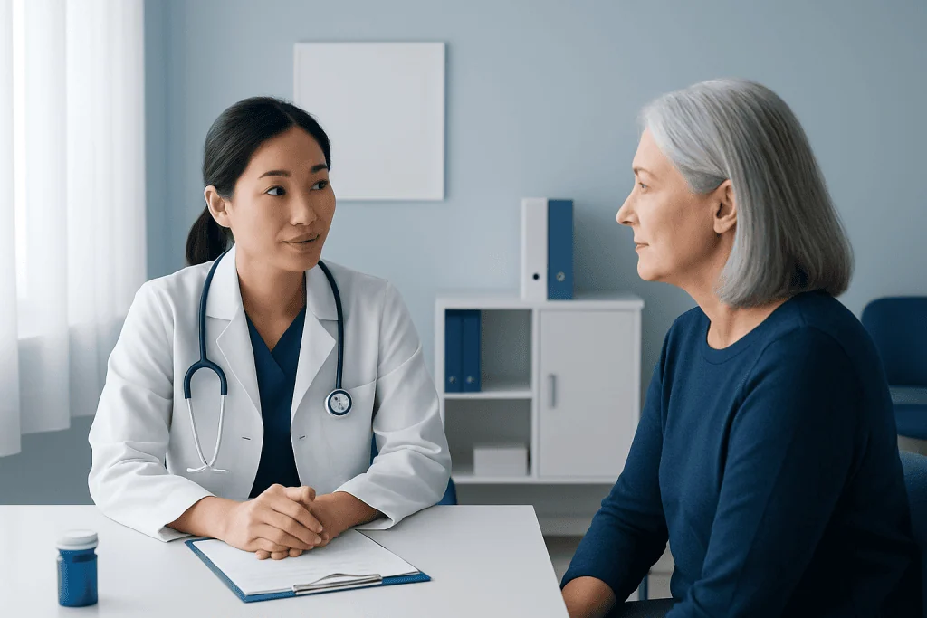 Doctor consulting with an elderly patient in a medical office.