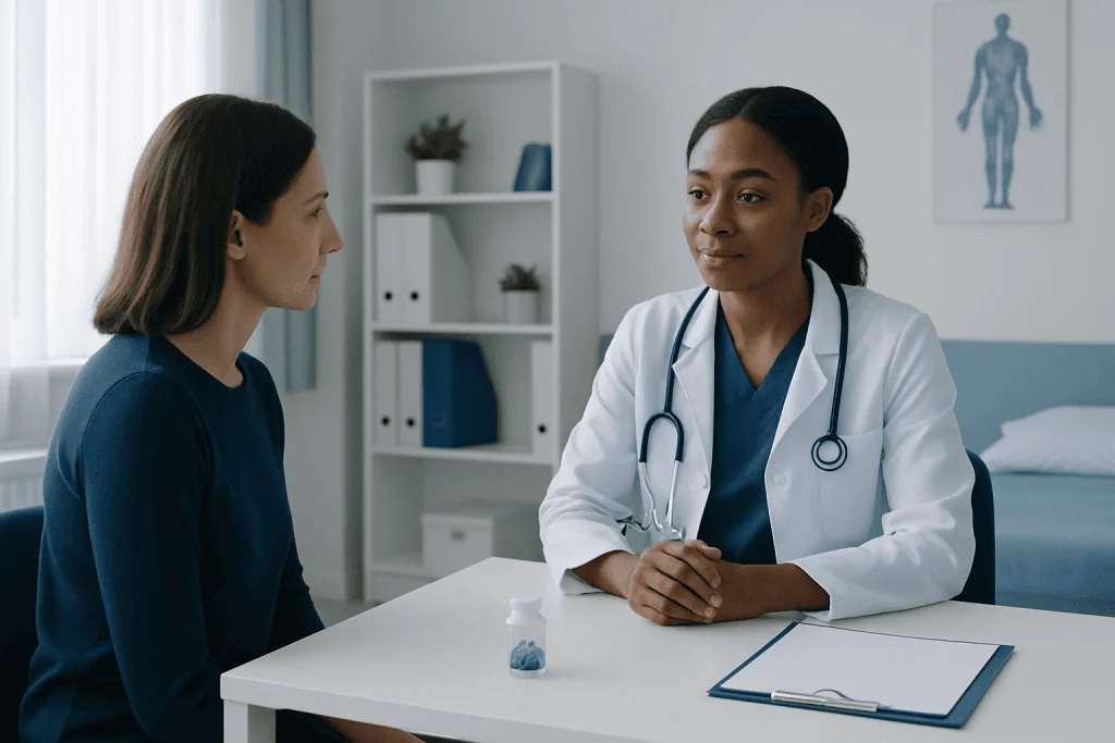 Doctor consulting with a patient in a modern medical office setting.