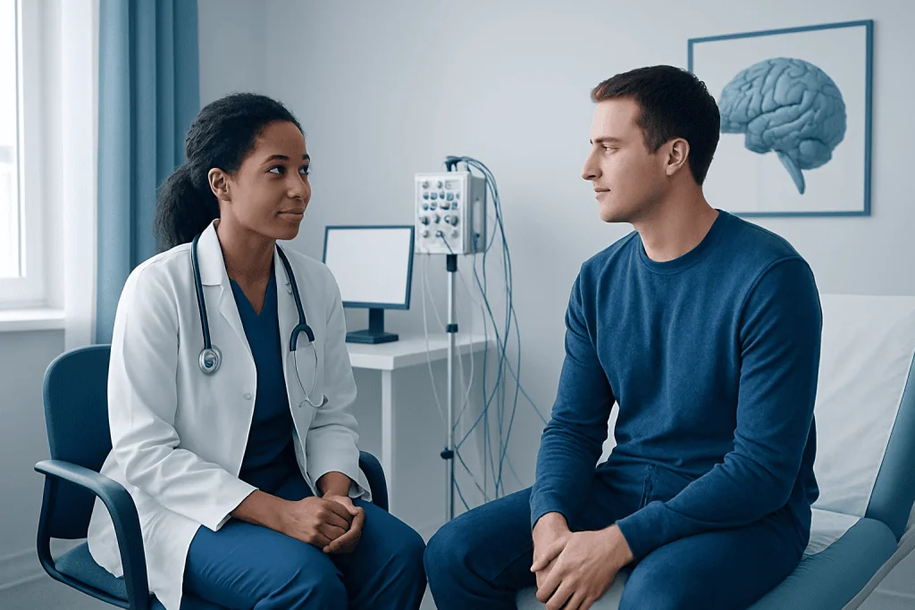 Doctor and patient discussing neurophysiology testing in a clinical setting.