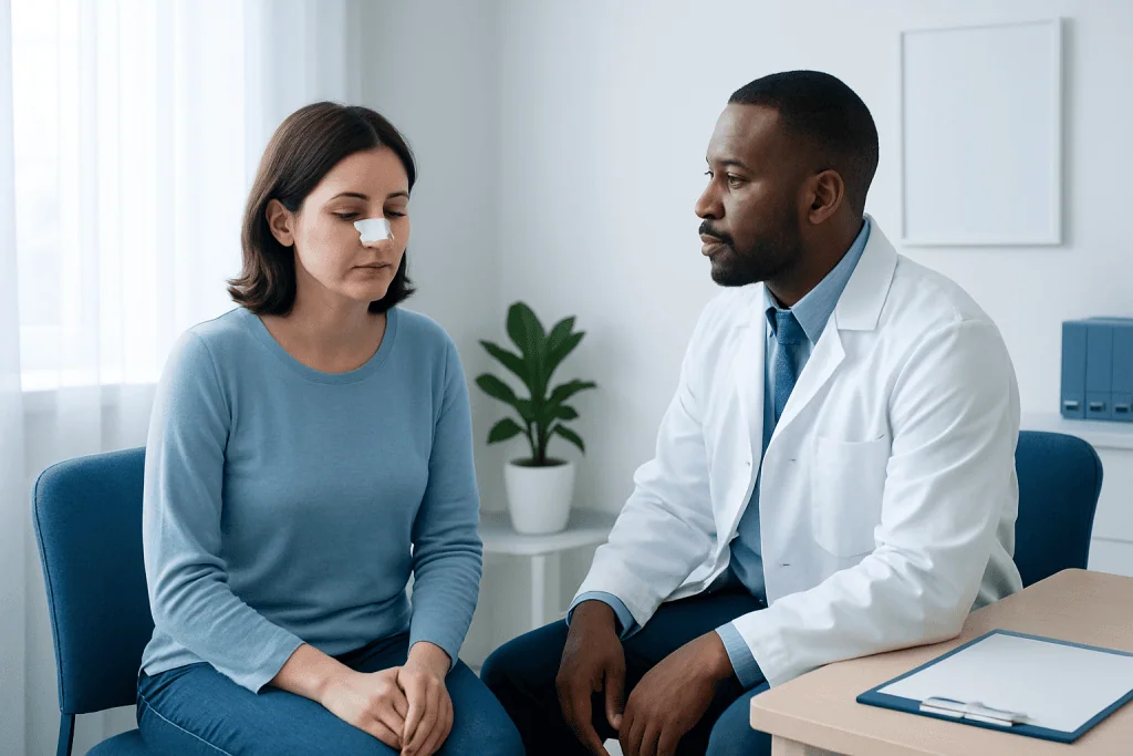 Doctor consulting with a patient after sinus surgery in a medical office.