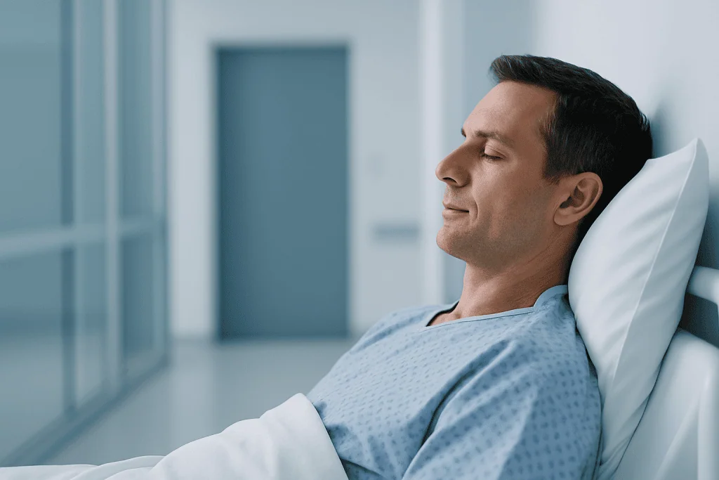 Nasogastric Tube (NG) 1 Patient in hospital bed with nasal tube for medical treatment.