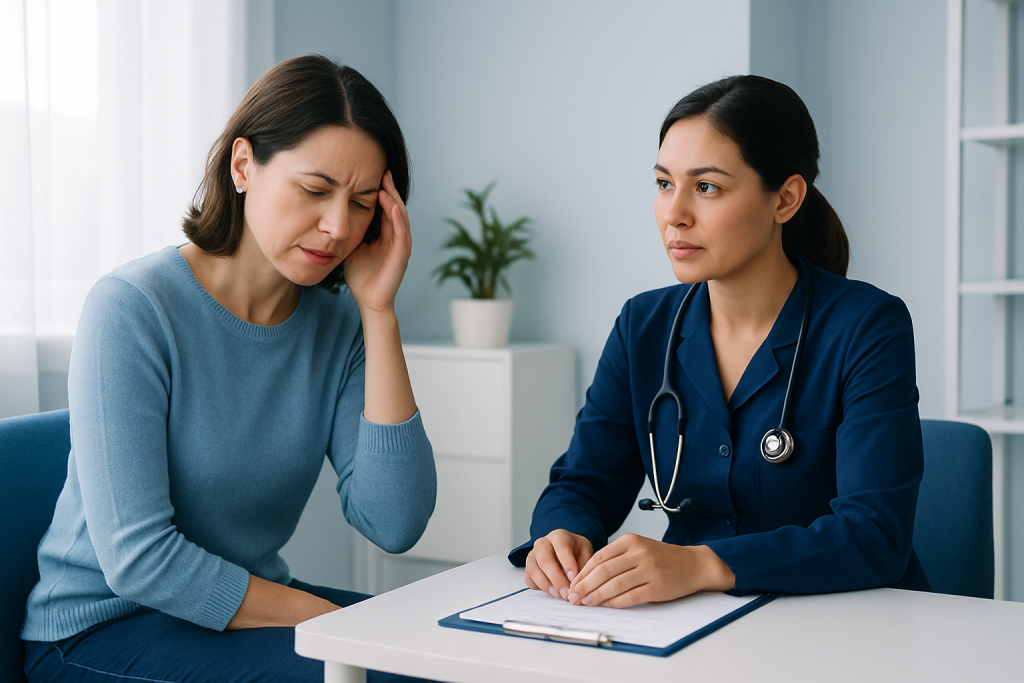 Woman with headache consulting a doctor in a medical office.