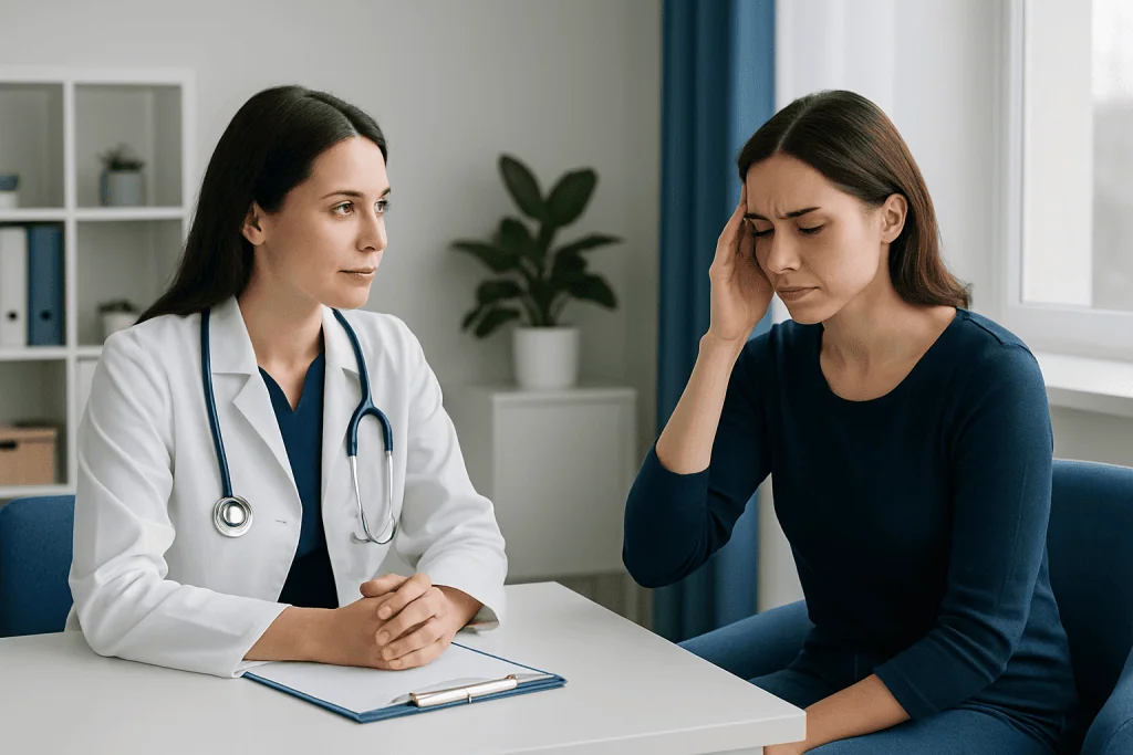 Doctor consulting with a woman experiencing headache in a clinic setting.