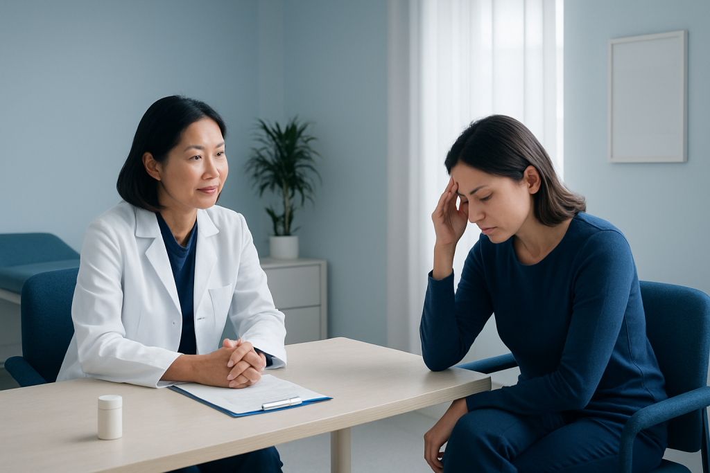 Doctor consulting a patient with headache in a medical office.