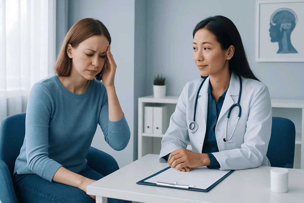 Doctor consulting a patient with headache symptoms in a clinic setting.