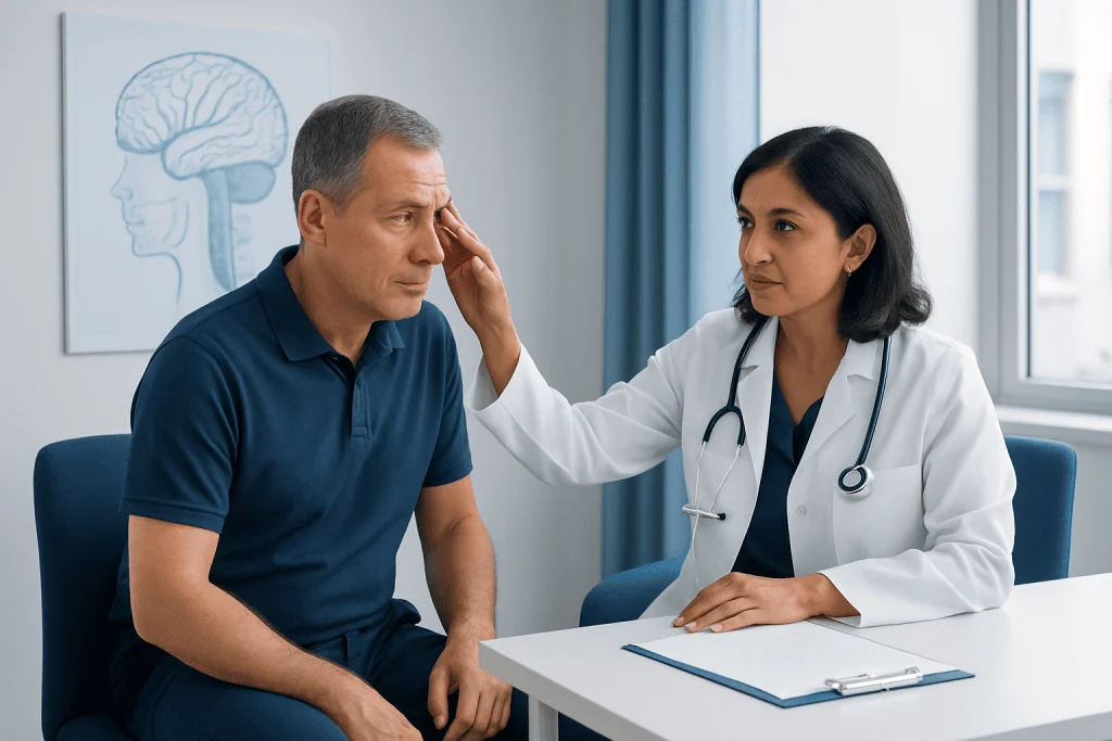 Doctor examining a patient's eye for neurological issues at Acibadem Hospital.
