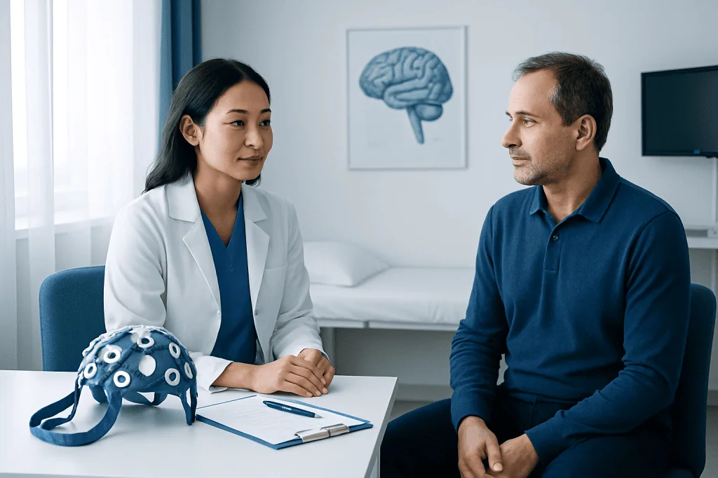 Doctor consulting patient in neurology clinic at Acibadem Hospital.
