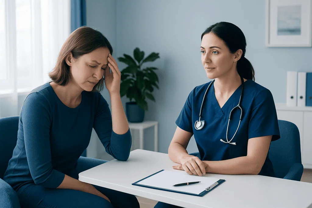 Doctor consulting a woman with headache in a medical office.