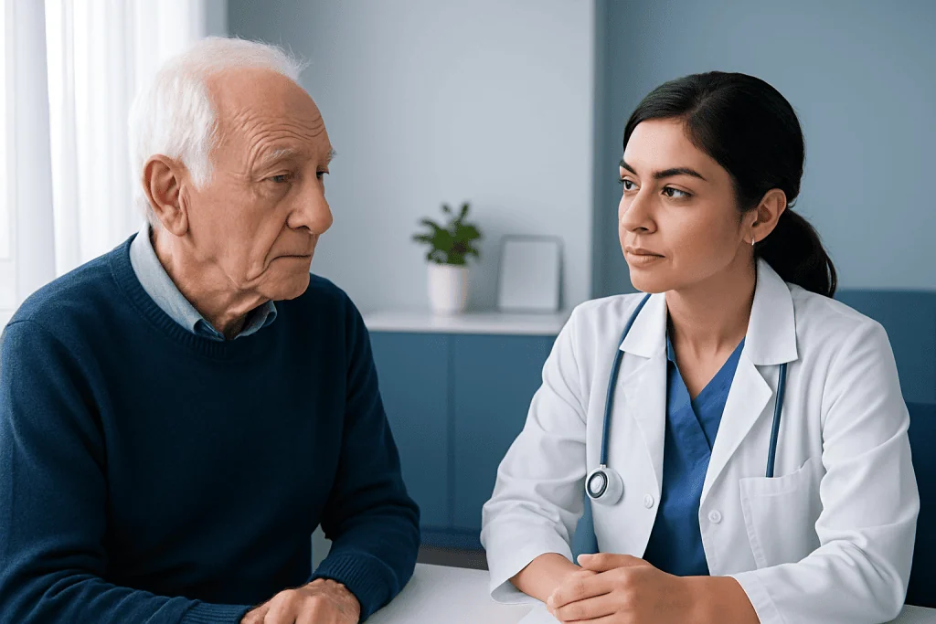 Doctor consulting with elderly patient in a medical office.