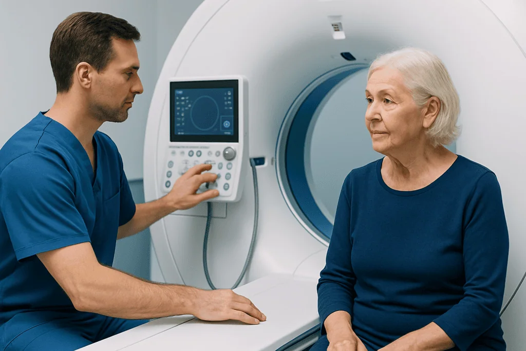 Geriatric patient undergoing MRI scan at Acibadem Hospital.