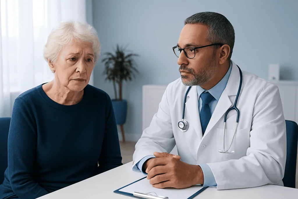 Doctor consulting with elderly woman about health concerns in a medical office.
