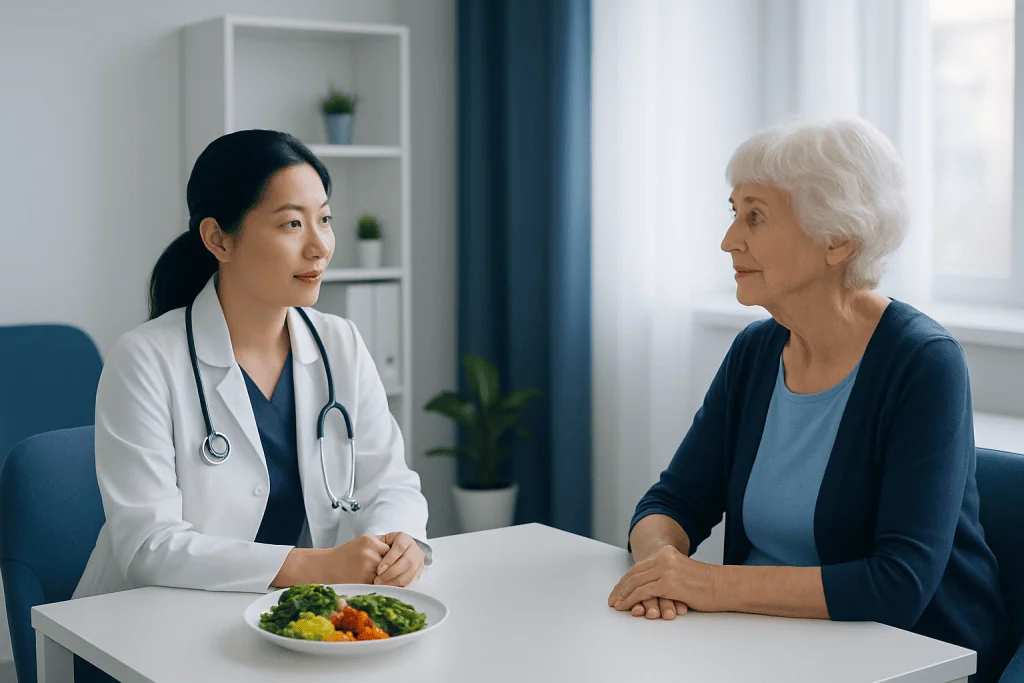 Doctor consulting with elderly woman in a medical office.