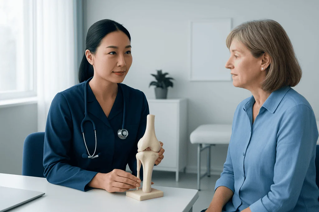 Doctor explaining knee joint anatomy to an elderly woman in a clinic.