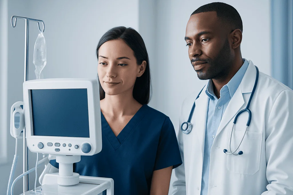 Medical professionals monitoring patient on hospital equipment.