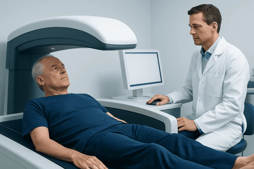 Doctor performs bone density scan on male patient in hospital.