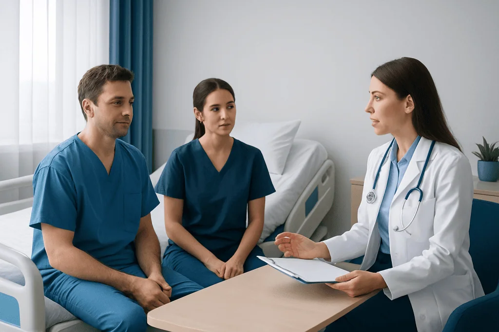 Medical consultation with healthcare professionals in hospital room.