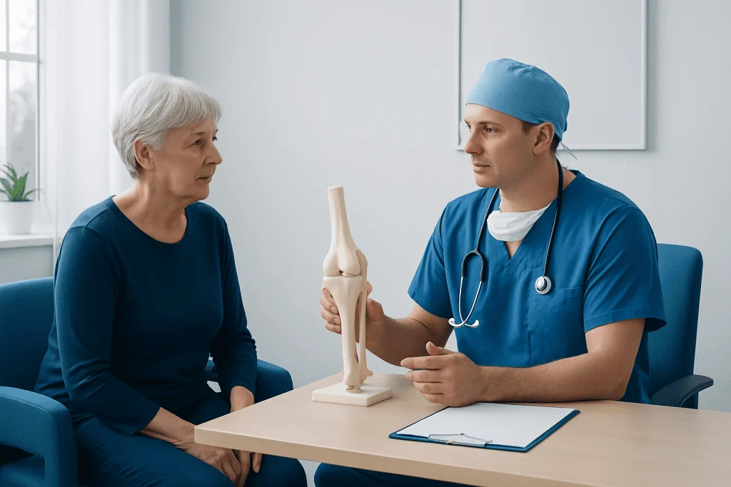 Orthopedic consultation with a doctor explaining knee anatomy to an elderly patient.