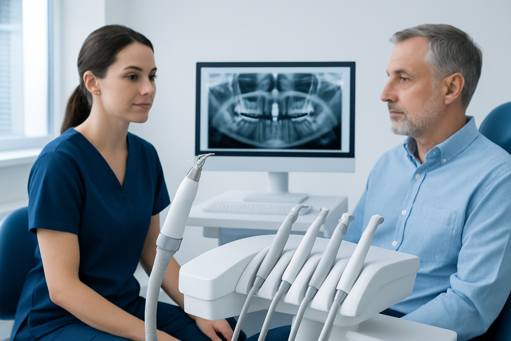 Full Mouth Reconstruction 1 Dentist and patient discussing dental X-ray in clinic.