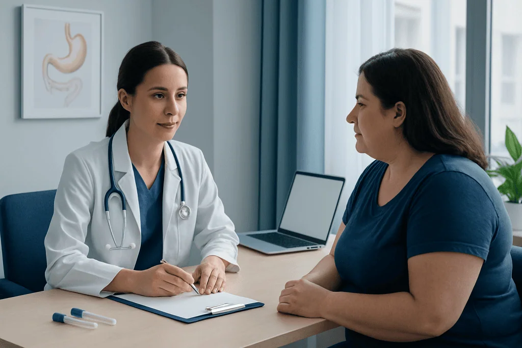 Doctor consulting with a patient about gastric health in a clinic setting.
