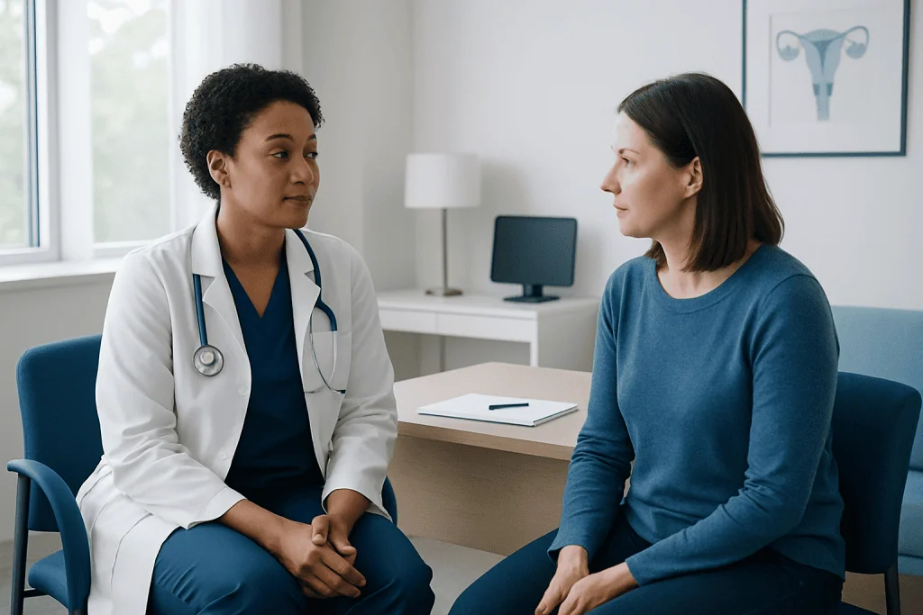 Doctor consulting with a female patient in a medical office.