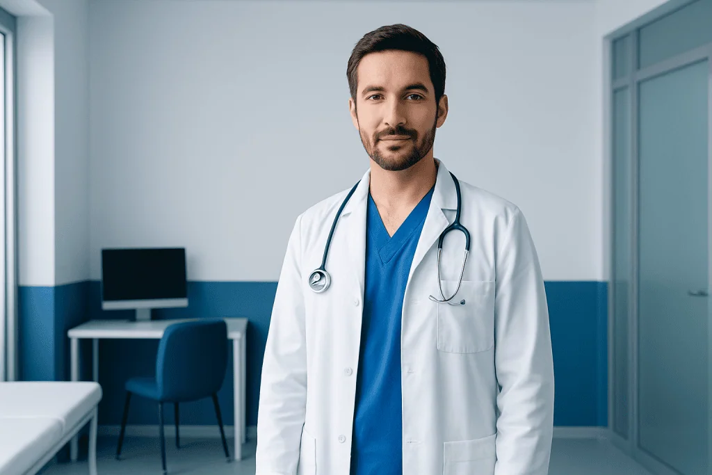 Oral Cancer Treatment in Turkey: Types, Causes, and Risk Factors 1 Male doctor in a hospital room with stethoscope and white coat.