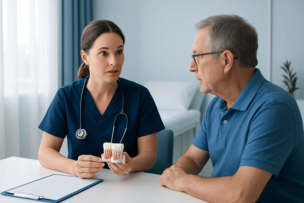 Dentist explaining dental health to a patient before heart surgery.