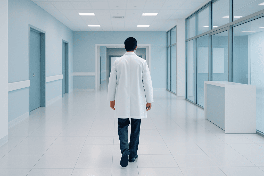 Osteosarcoma: Advanced Treatment Options and Global Expertise in Türkiye 1 Doctor walking down hospital corridor with blue walls and glass windows.