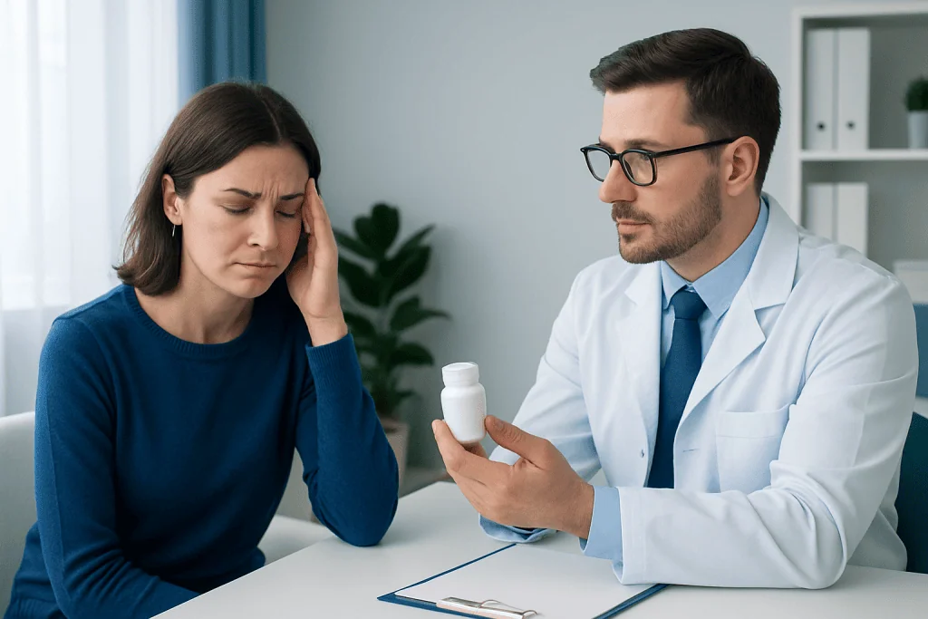 Doctor explaining medication options to a woman with headache symptoms.