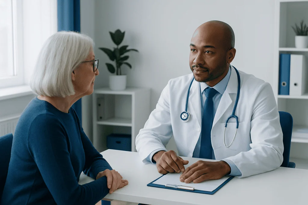 Doctor consulting with an elderly female patient in a modern clinic setting.