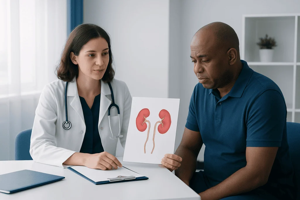 Doctor explaining kidney health to patient with kidney diagram.