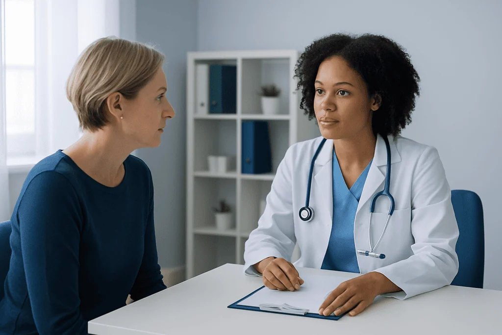 Doctor consulting with a patient about skin health and risk factors.