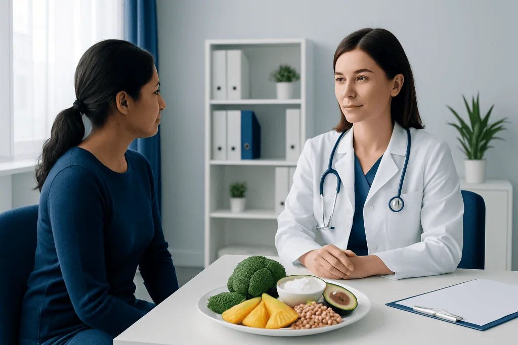 Doctor discussing digestive health foods with patient in clinic.