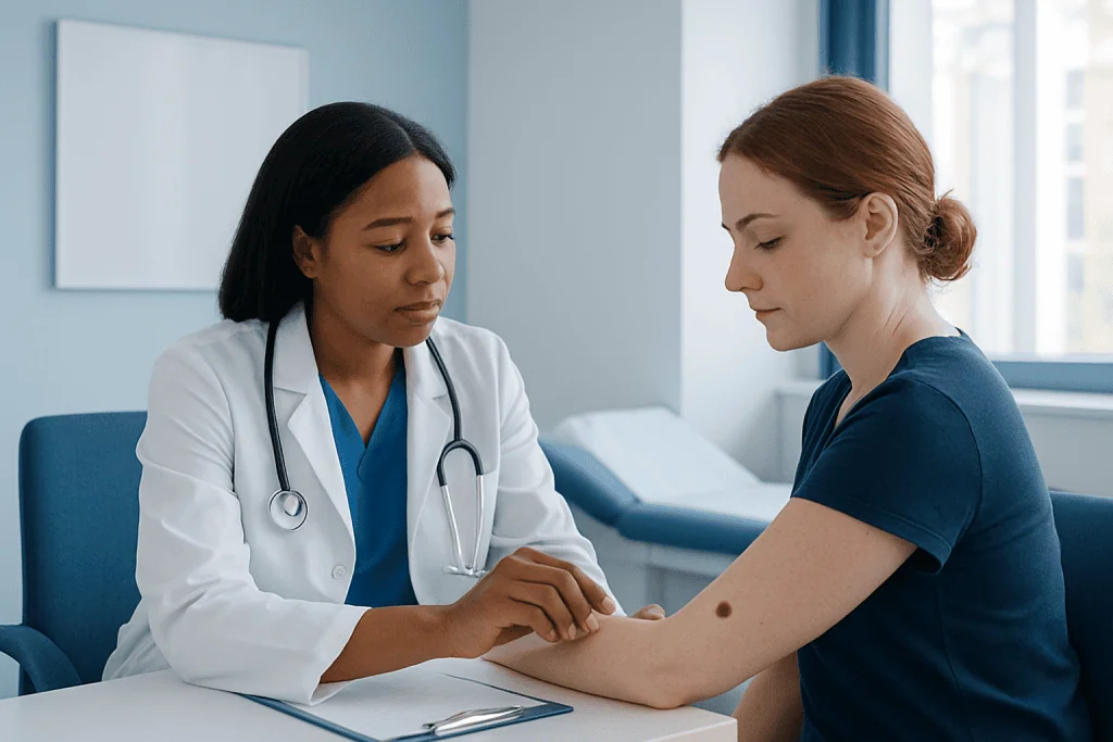 Doctor examining a patient's arm for skin abnormalities or melanoma signs.